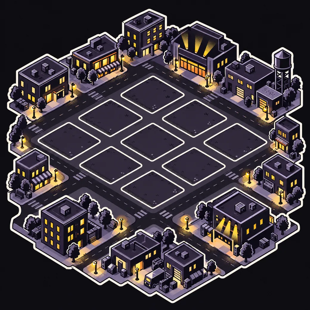 Your home town with open building lots around the main venue